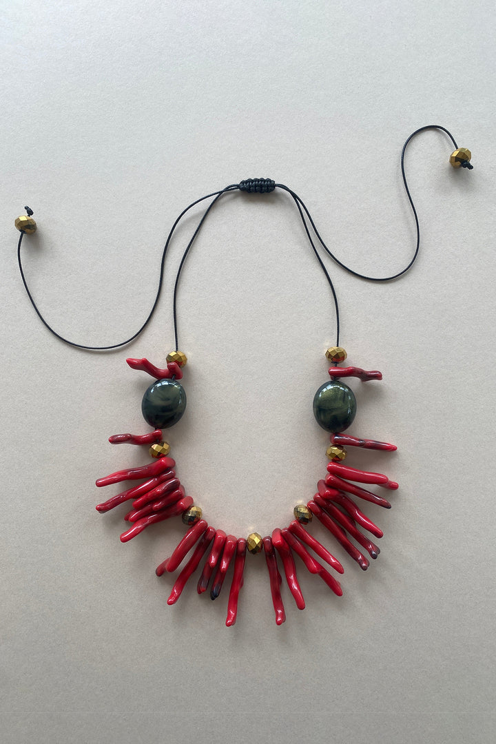 Gist Jewellery Red Coral Resin and Crystal Statement Necklace BDL13, laid flat, cord fastening