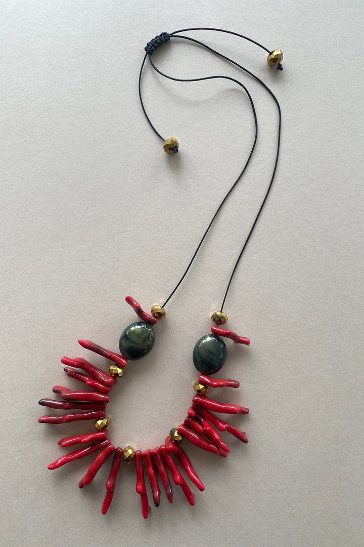 Gist Jewellery Red Coral Resin and Crystal Statement Necklace BDL13, laid flat, full length