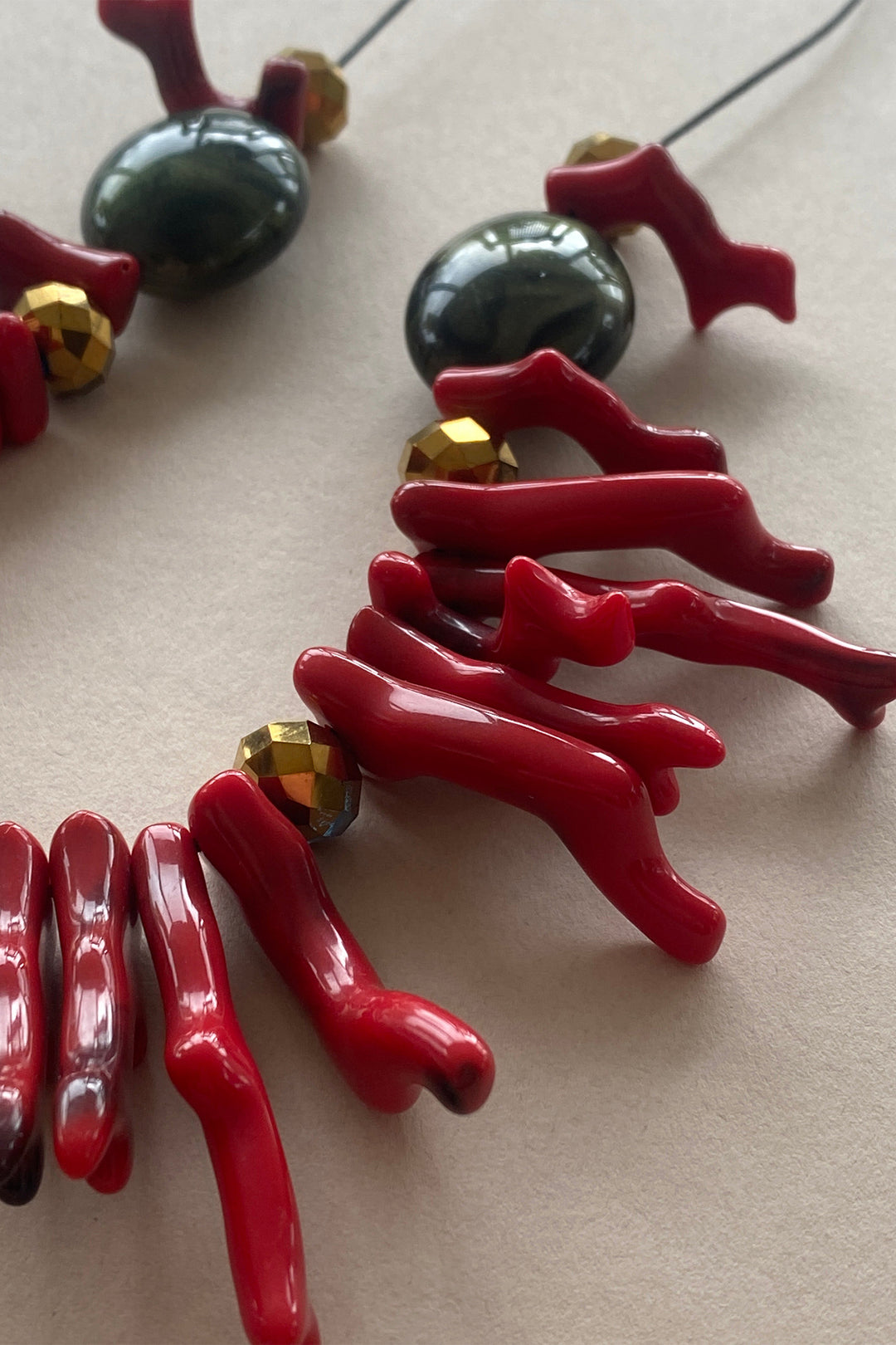 Gist Jewellery Red Coral Resin and Crystal Statement Necklace BDL13, coral branch detail