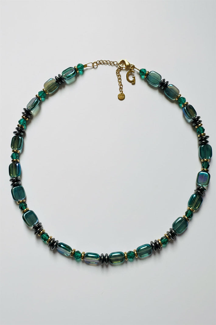 Gist Jewellery Sea Foam Green Hematite and Glass Necklace EOR15, laid flat
