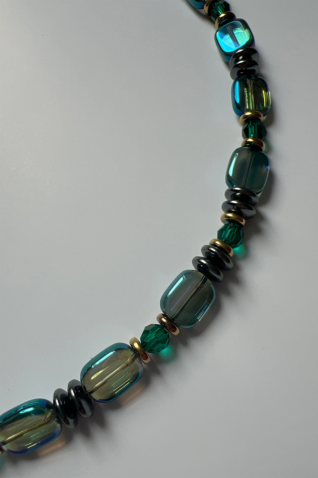 Gist Jewellery Sea Foam Green Hematite and Glass Necklace EOR15, glass bead detail