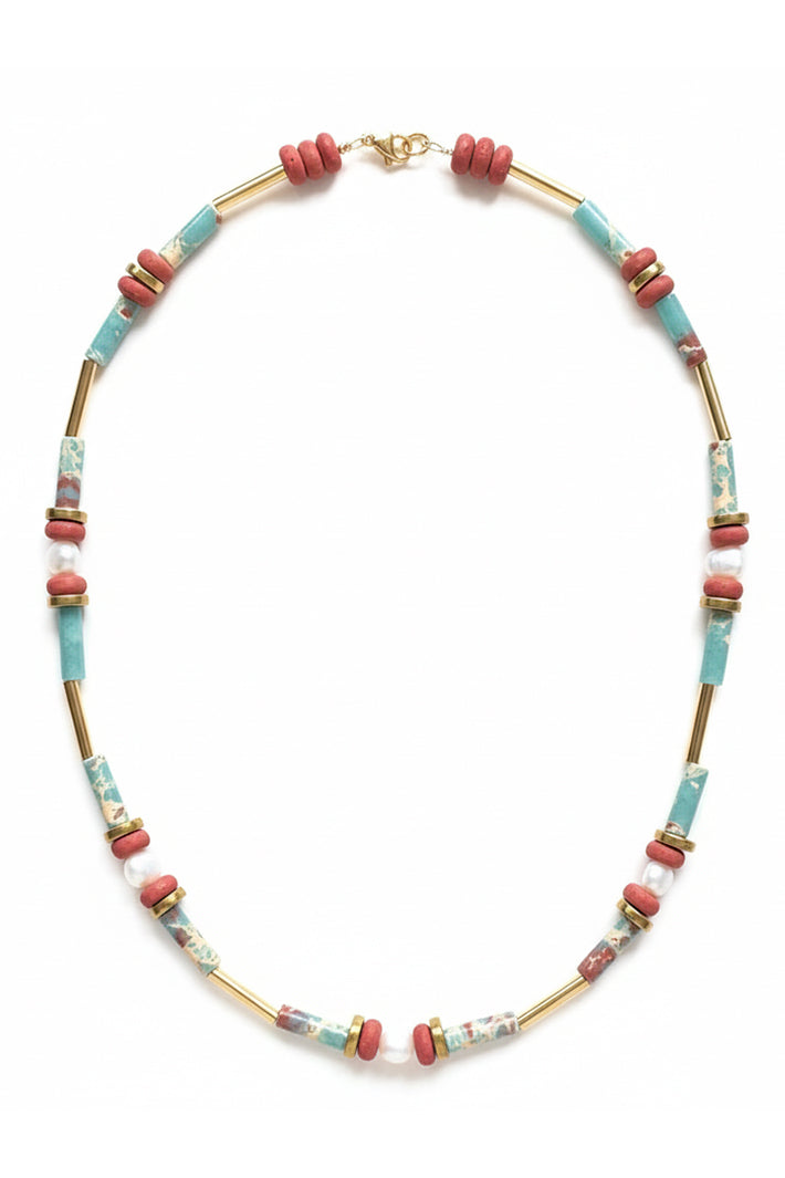 Gist Jewellery Turquoise and Terracotta Freshwater Pearl and Gold Plated Necklace MRL08, on white