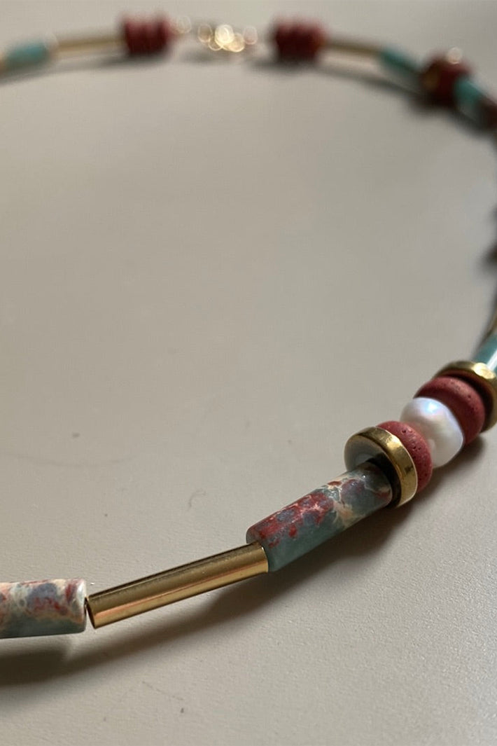 Gist Jewellery Turquoise and Terracotta Freshwater Pearl and Gold Plated Necklace MRL08, pearl and bead close up