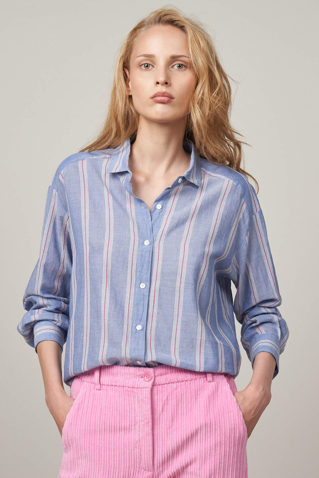 Hartford BACC632 02 Blue White Charlot Stripe Woven Shirt - Shirley Allum Boutique