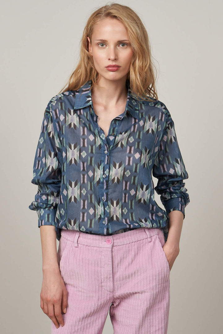 Hartford BACD623 04 Blue Cinema Aztek Print Woven Shirt - Shirley Allum Boutique