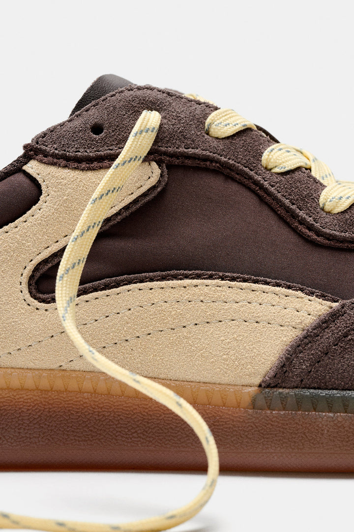 HOFF Park Chocolate Brown Trainers 22619406, suede panel and lace close-up
