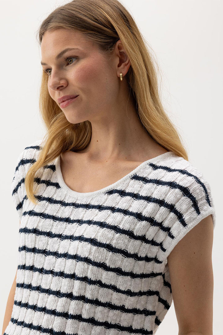 Holebrook Sweden Jumper Juni Cap Sleeve Cotton Slub White Navy S52406 126 - Shirley Allum Boutique