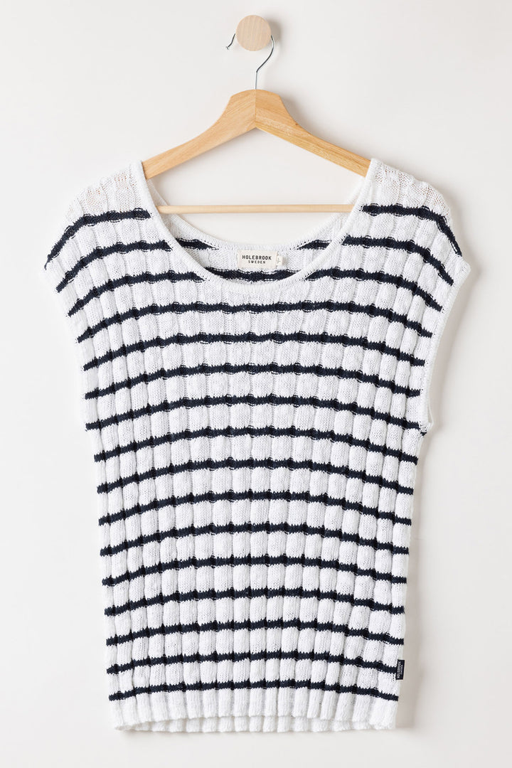 Holebrook Sweden Jumper Juni Cap Sleeve Cotton Slub White Navy S52406 126 - Shirley Allum Boutique