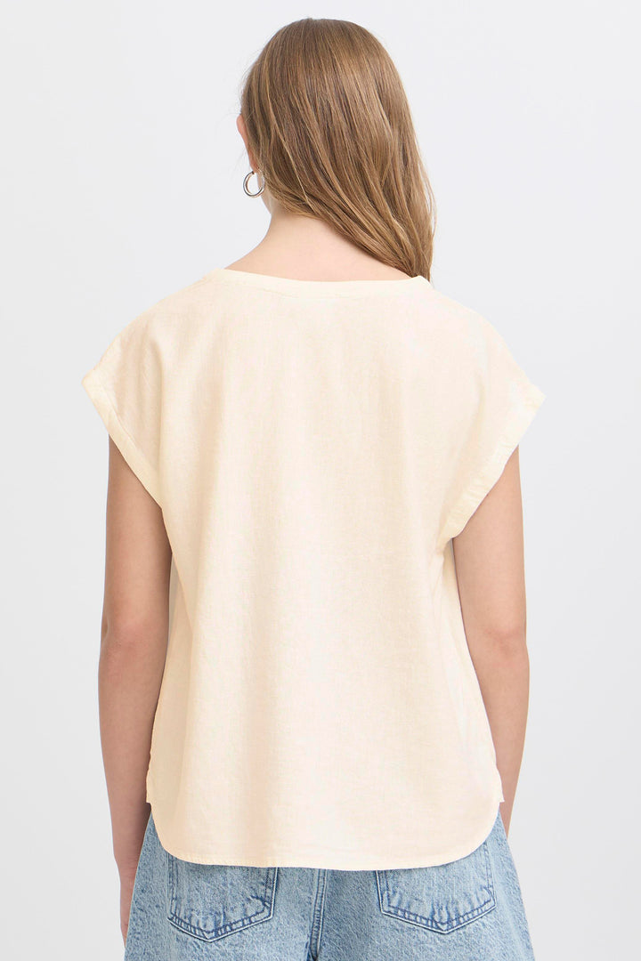 Ichi IHLINNO 20122908 Natural Ecru Cap Sleeve V-Neck Top