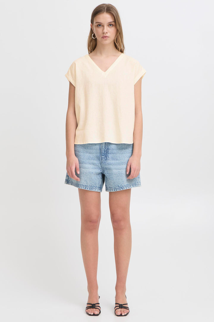 Ichi IHLINNO 20122908 Natural Ecru Cap Sleeve V-Neck Top