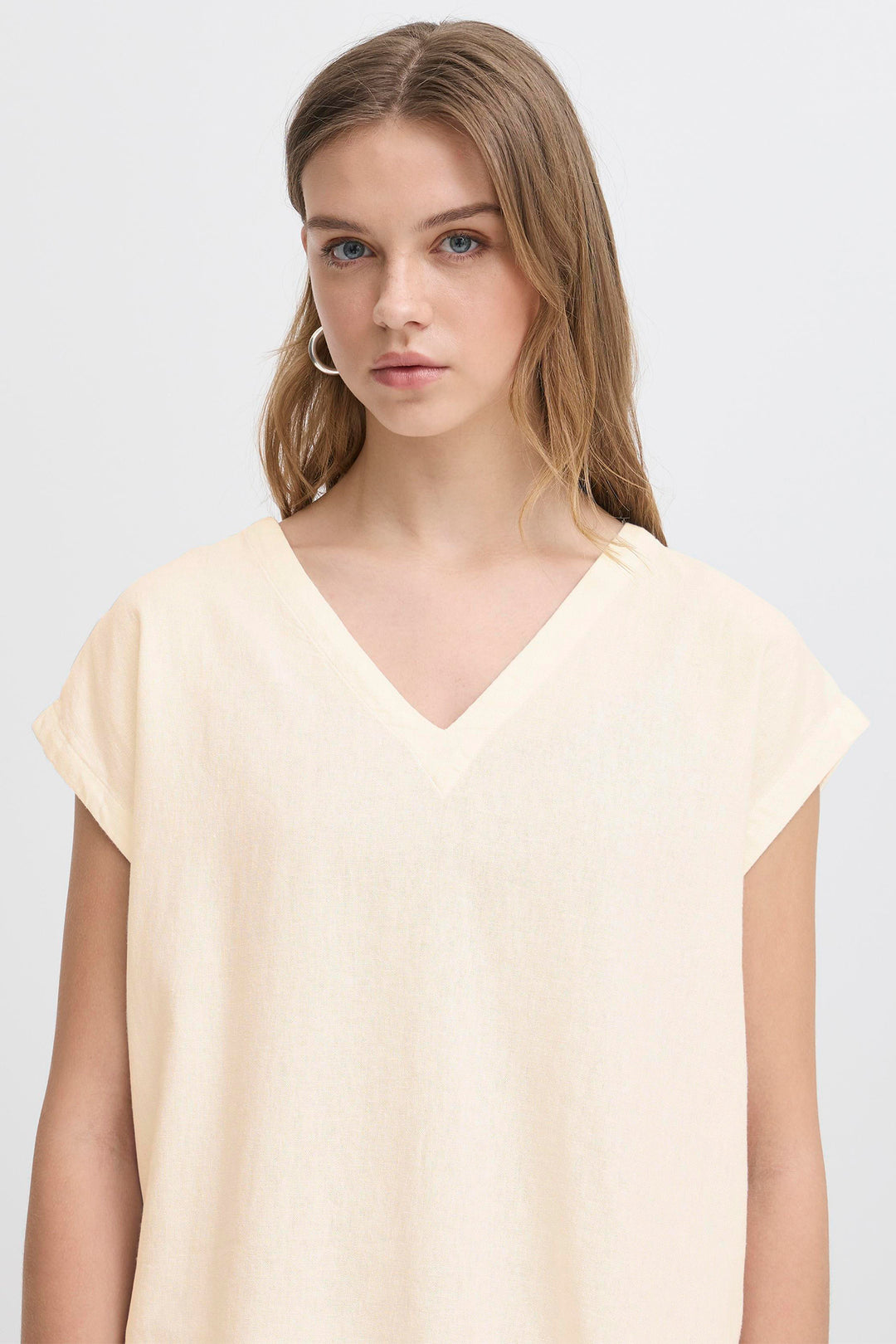 Ichi IHLINNO 20122908 Natural Ecru Cap Sleeve V-Neck Top