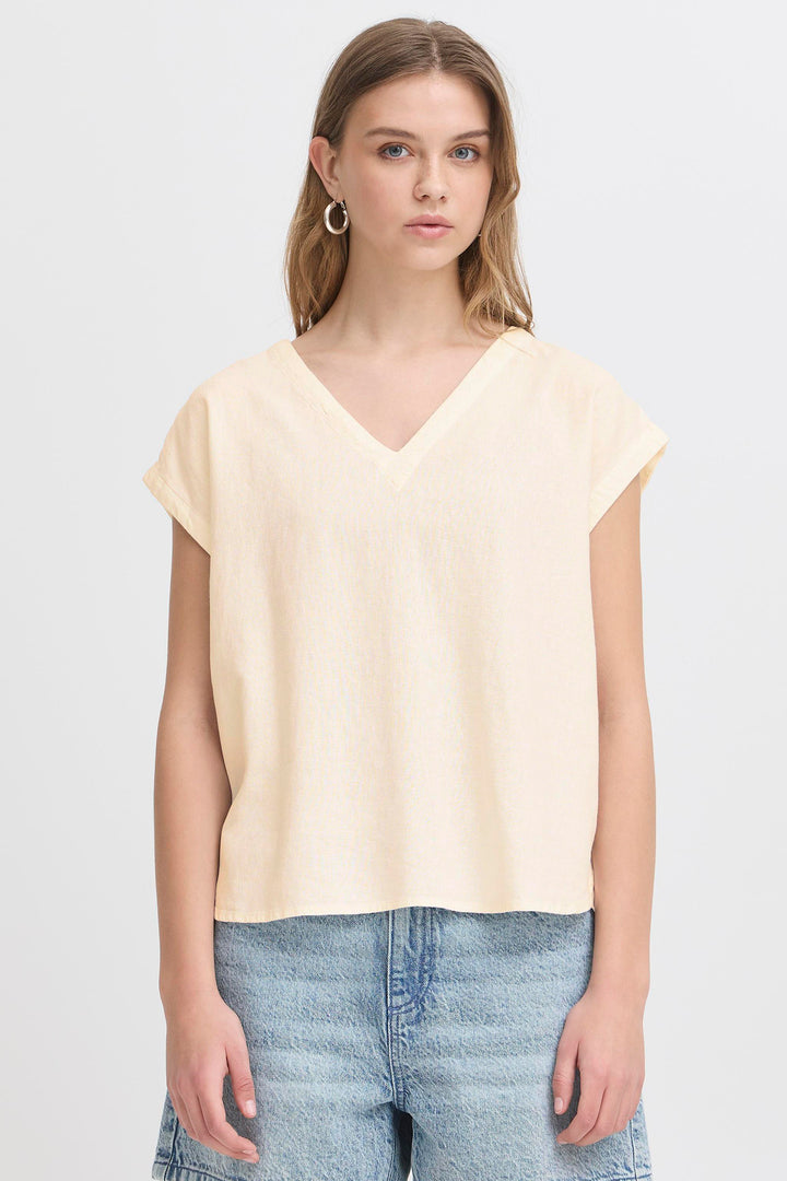 Ichi IHLINNO 20122908 Natural Ecru Cap Sleeve V-Neck Top