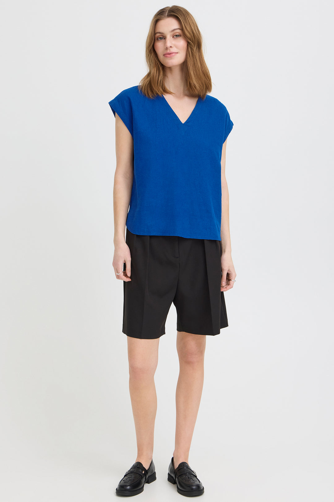 Ichi IHLINNO 20122908 Sodalite Blue Cap Sleeve V-Neck Top