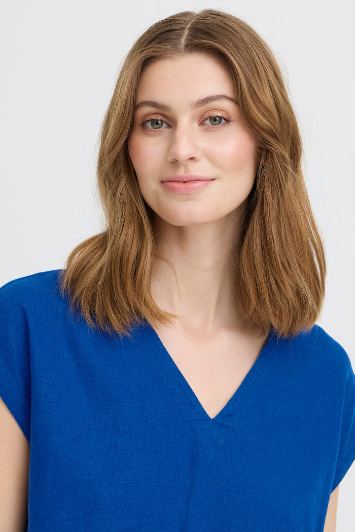 Ichi IHLINNO 20122908 Sodalite Blue Cap Sleeve V-Neck Top
