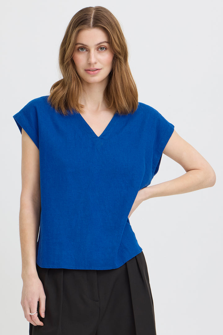 Ichi IHLINNO 20122908 Sodalite Blue Cap Sleeve V-Neck Top