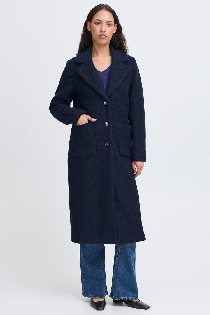Ichi IHStipa Dark Navy Wool Mix Overcoat 20123085 194013 - Shirley Allum Boutique