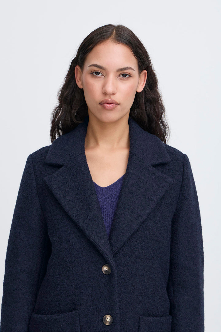 Ichi IHStipa Dark Navy Wool Mix Overcoat 20123085 194013 - Shirley Allum Boutique