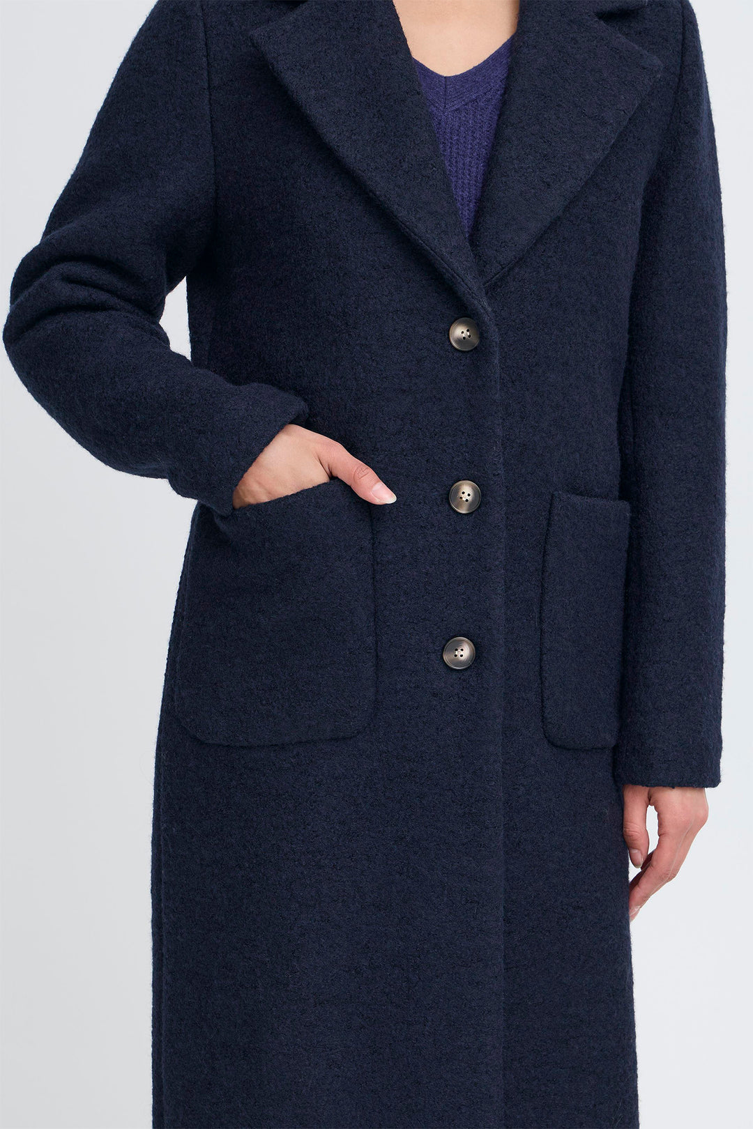 Ichi IHStipa Dark Navy Wool Mix Overcoat 20123085 194013 - Shirley Allum Boutique