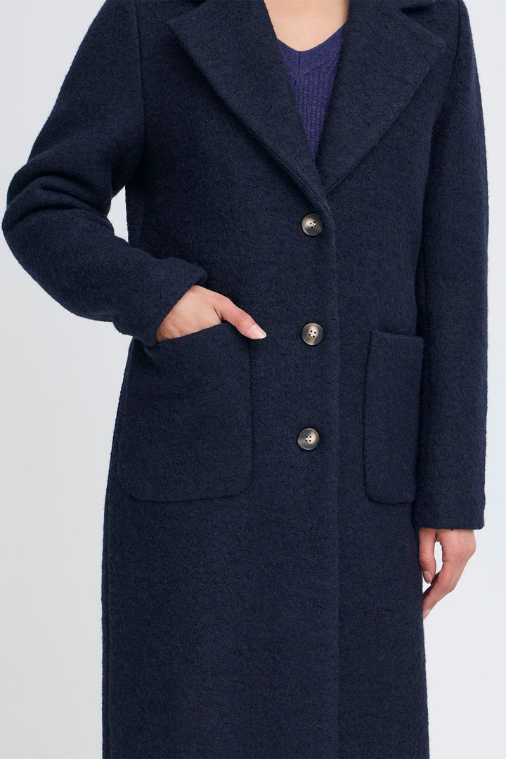 Ichi IHStipa Dark Navy Wool Mix Overcoat 20123085 194013 - Shirley Allum Boutique