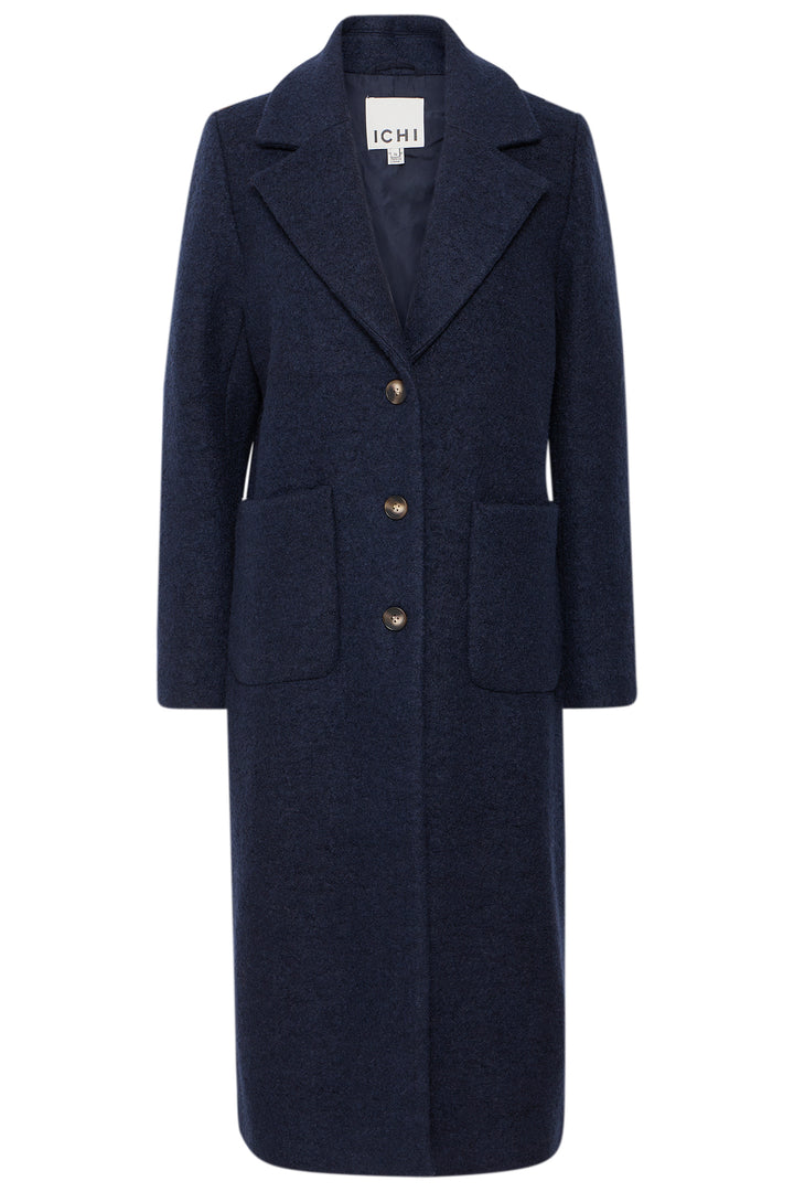 Ichi IHStipa Dark Navy Wool Mix Overcoat 20123085 194013 - Shirley Allum Boutique