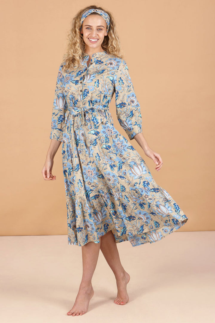 Inara Dress Indigo Blue Lotus Print IN2244 - Shirley Allum Boutique
