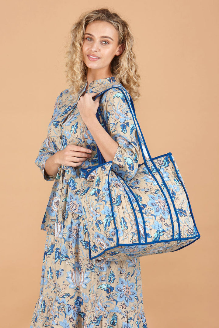 Inara Tote Bag Indigo Blue Lotus Print - Shirley Allum Boutique