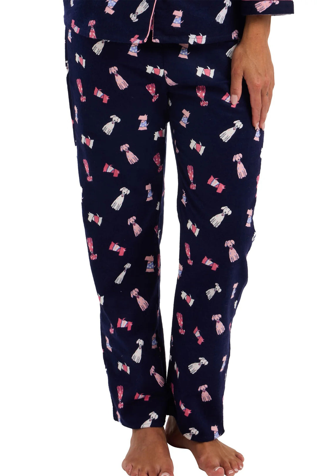Navy blue pajama pants with pink and white pattern on a white background