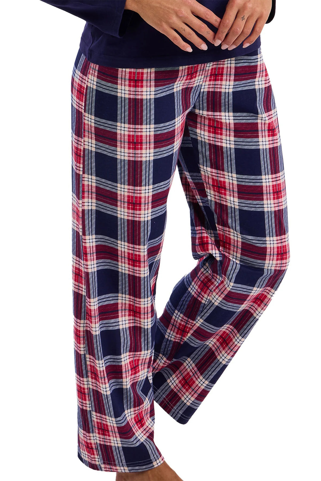 Plaid pajama pants with a navy and red pattern on a white background