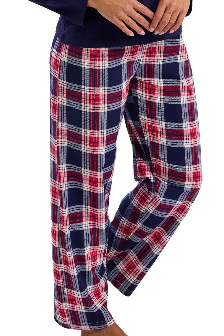 Plaid pajama pants with a navy and red pattern on a white background