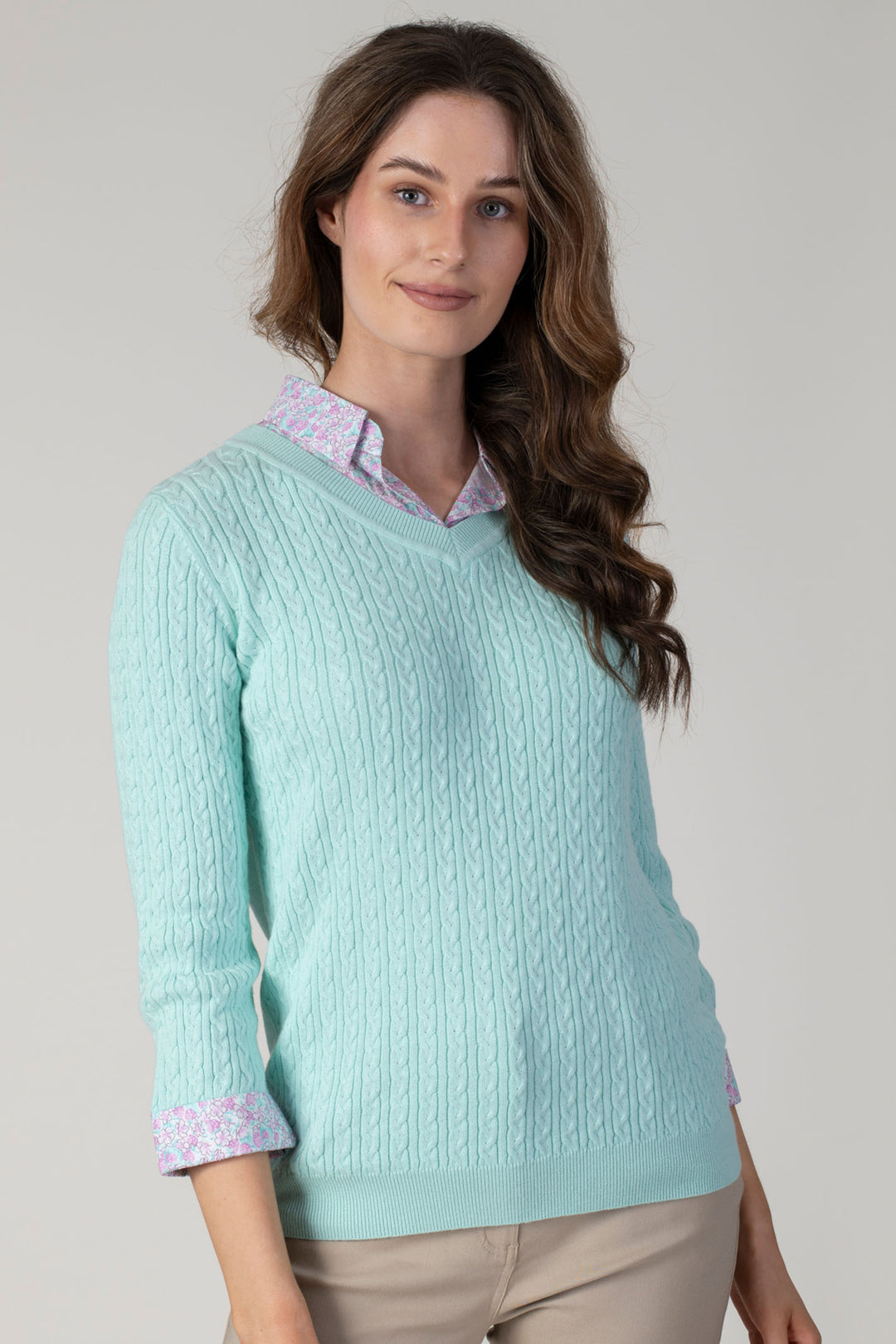 Jessica Graaf 27105-022 Aqua Green Cable Shirt Collar Jumper - Shirley Allum Boutique