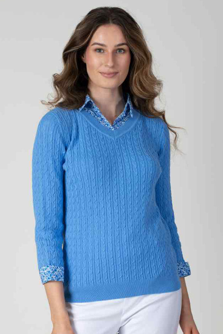 Jessica Graaf 27108-027 Cornflower Blue Cable Shirt Collar Jumper - Shirley Allum Boutique