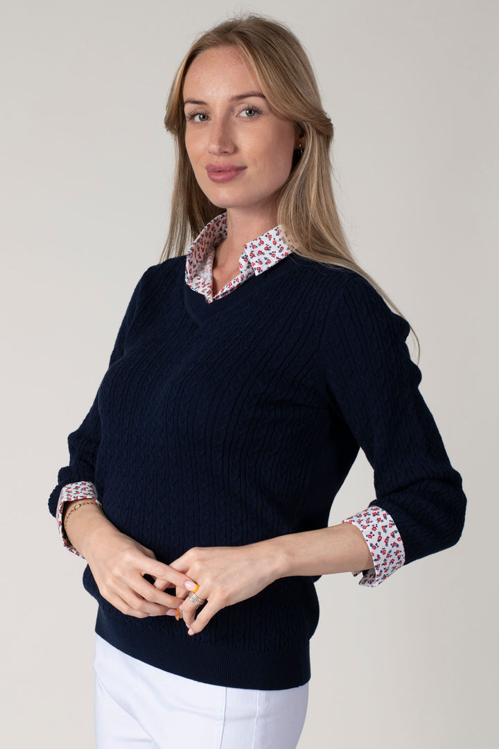 Jessica Graaf 27110-003 Navy Blue Cable Shirt Collar Jumper - Shirley Allum Boutique