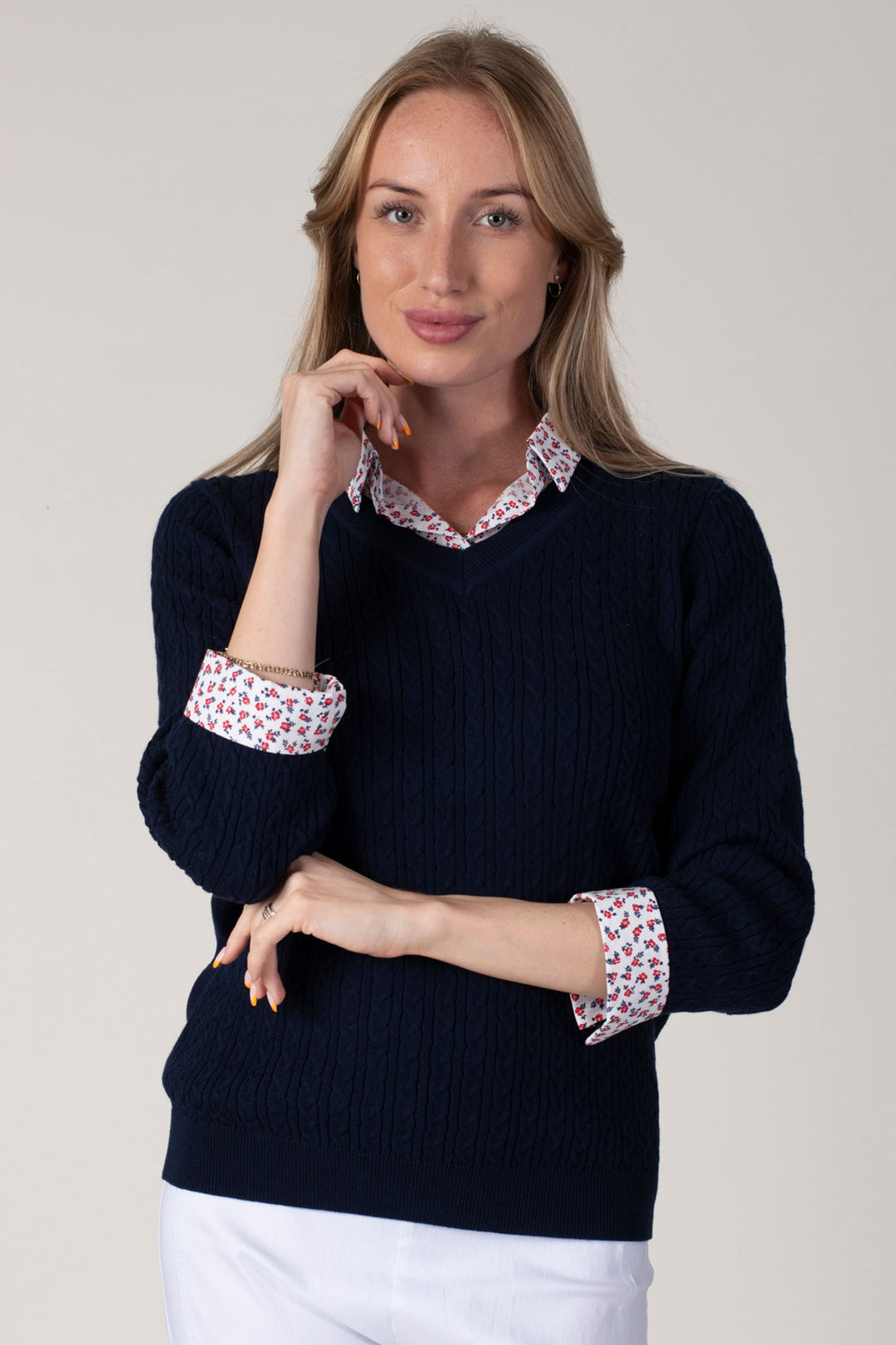 Jessica Graaf 27110-003 Navy Blue Cable Shirt Collar Jumper - Shirley Allum Boutique