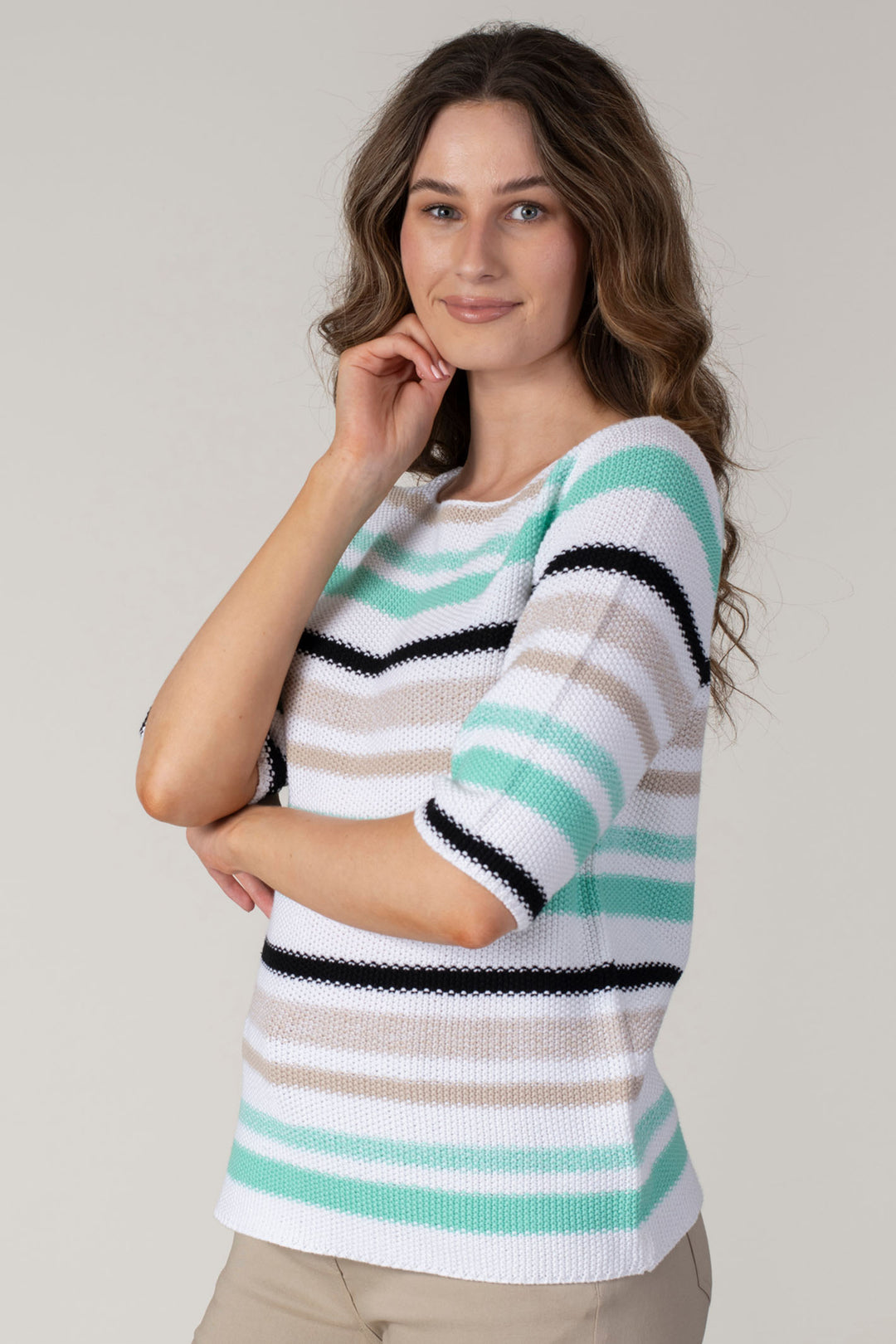 Jessica Graaf 27340-034 Stripe Short Sleeve Green Knit Jumper - Shirley Allum Boutique