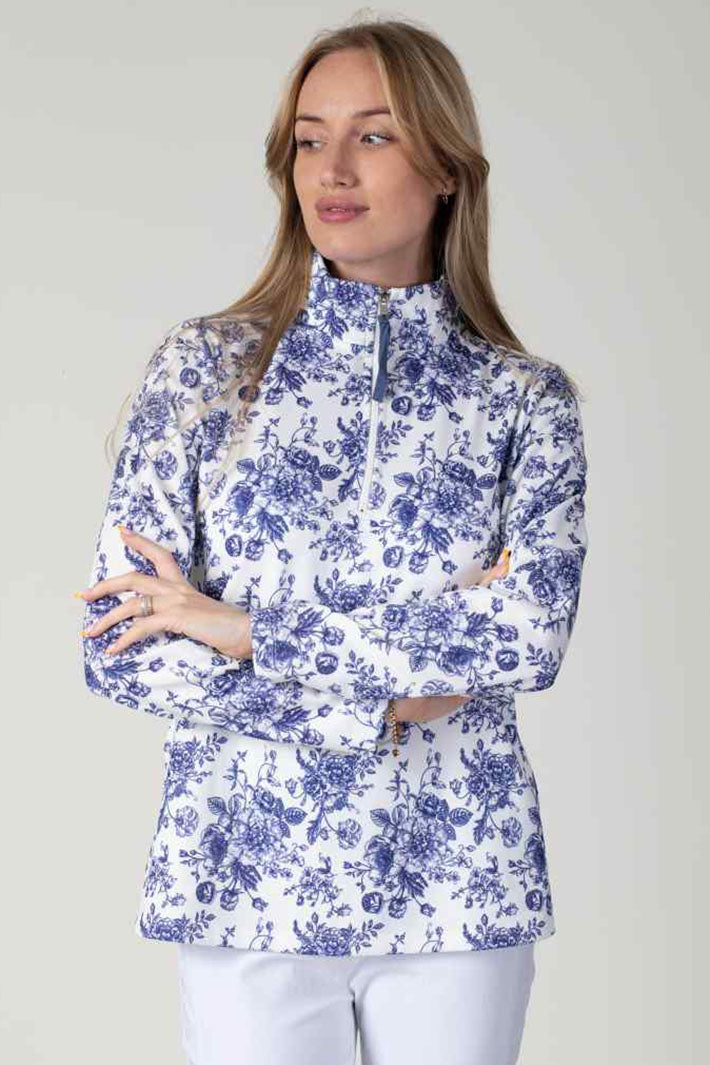 Jessica Graaf 27500-003 Blue Floral Print Half Zip Jersey Top - Shirley Allum Boutique