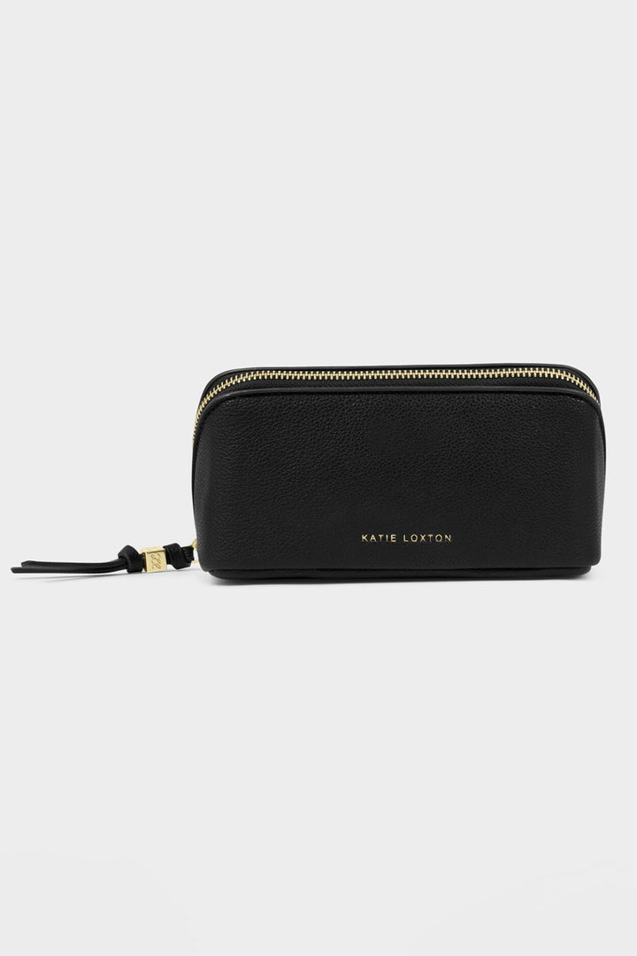 Black zippered pouch with 'Katie Loxton' branding on a white background