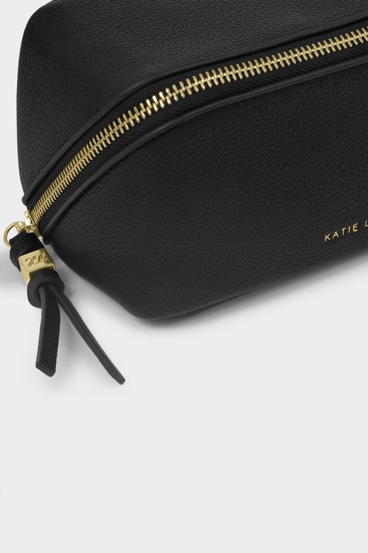 Black pouch with gold zipper and 'Katie Loxton' branding on a white background