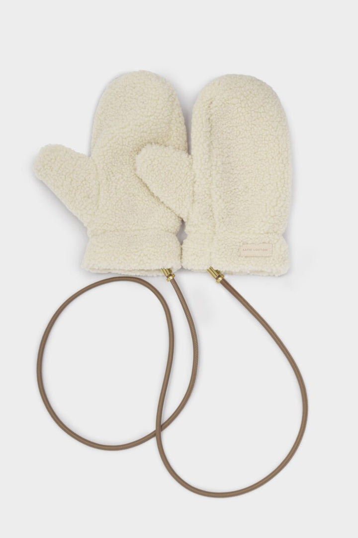Katie Loxton KLS711 Cream Teddy Mittens With Cord