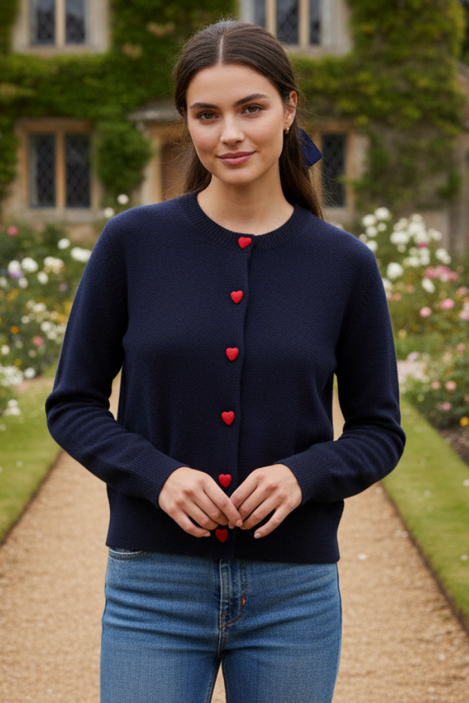 Last True Angel LGN139N Soft Navy Red Heart Button Cardigan