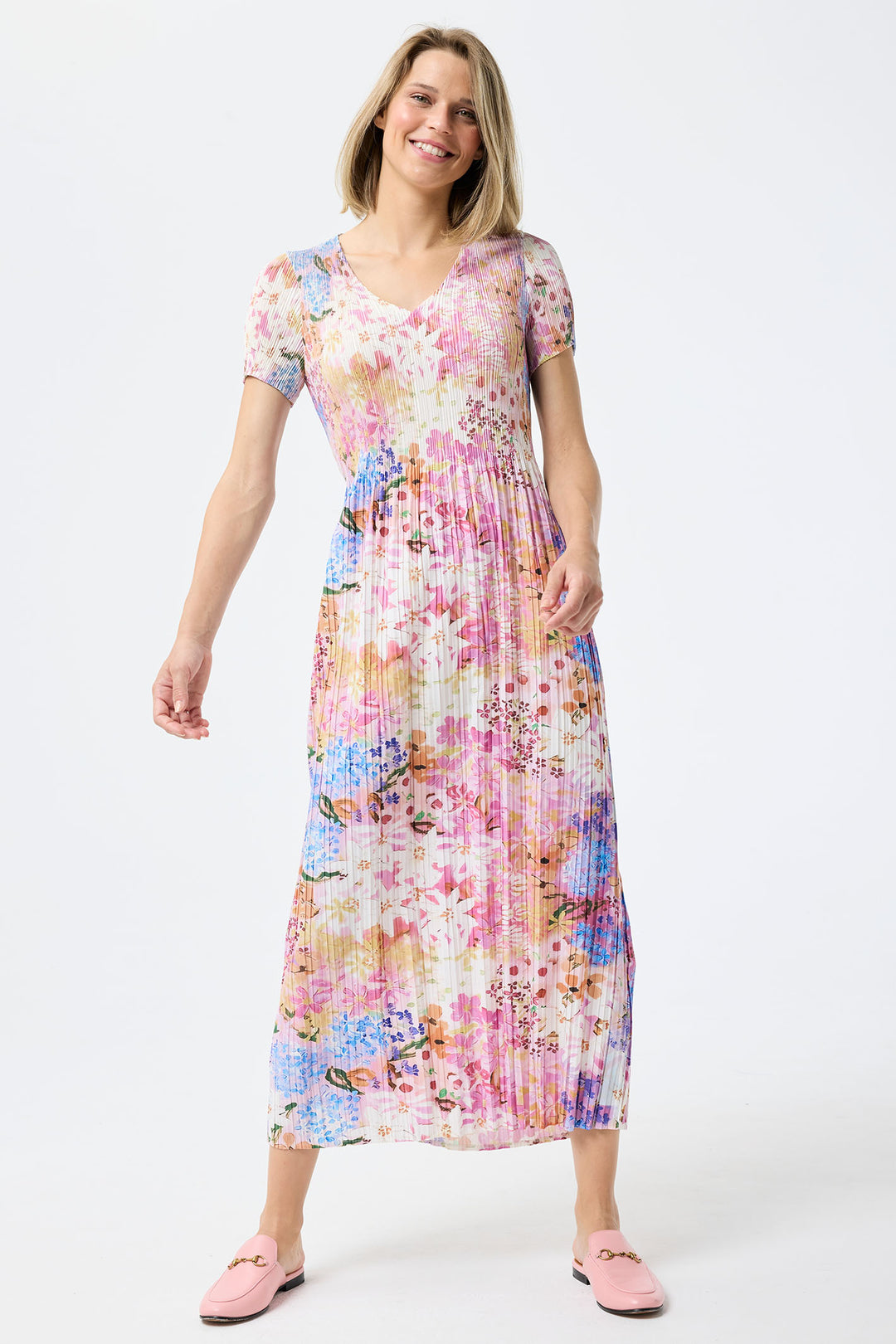 Leo & Ugo Dress Floral Print Stretch Pleat KER808 - Shirley Allum Boutique