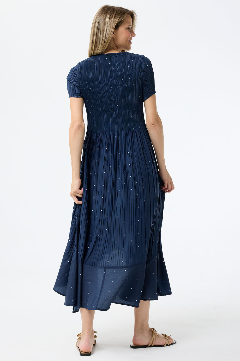 Leo & Ugo Dress Navy White Polka Dot Stretch Pleat KER856 - Shirley Allum Boutique