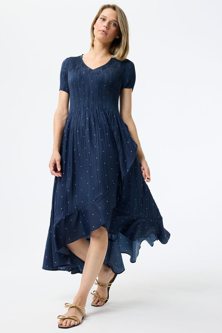 Leo & Ugo Dress Navy White Polka Dot Stretch Pleat KER856 - Shirley Allum Boutique