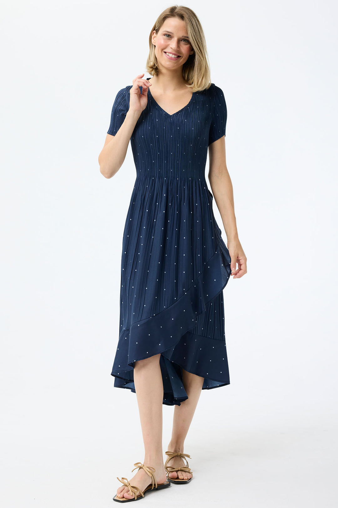 Leo & Ugo Dress Navy White Polka Dot Stretch Pleat KER856 - Shirley Allum Boutique