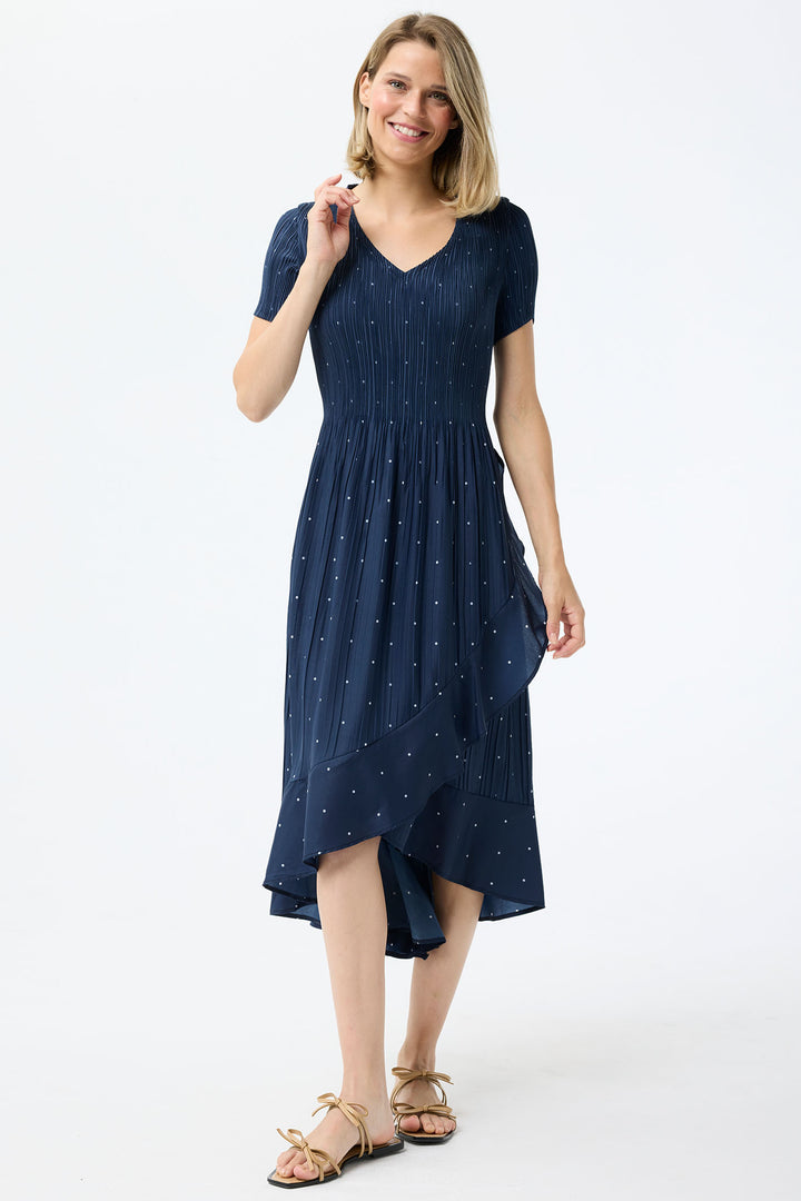 Leo & Ugo Dress Navy White Polka Dot Stretch Pleat KER856 - Shirley Allum Boutique