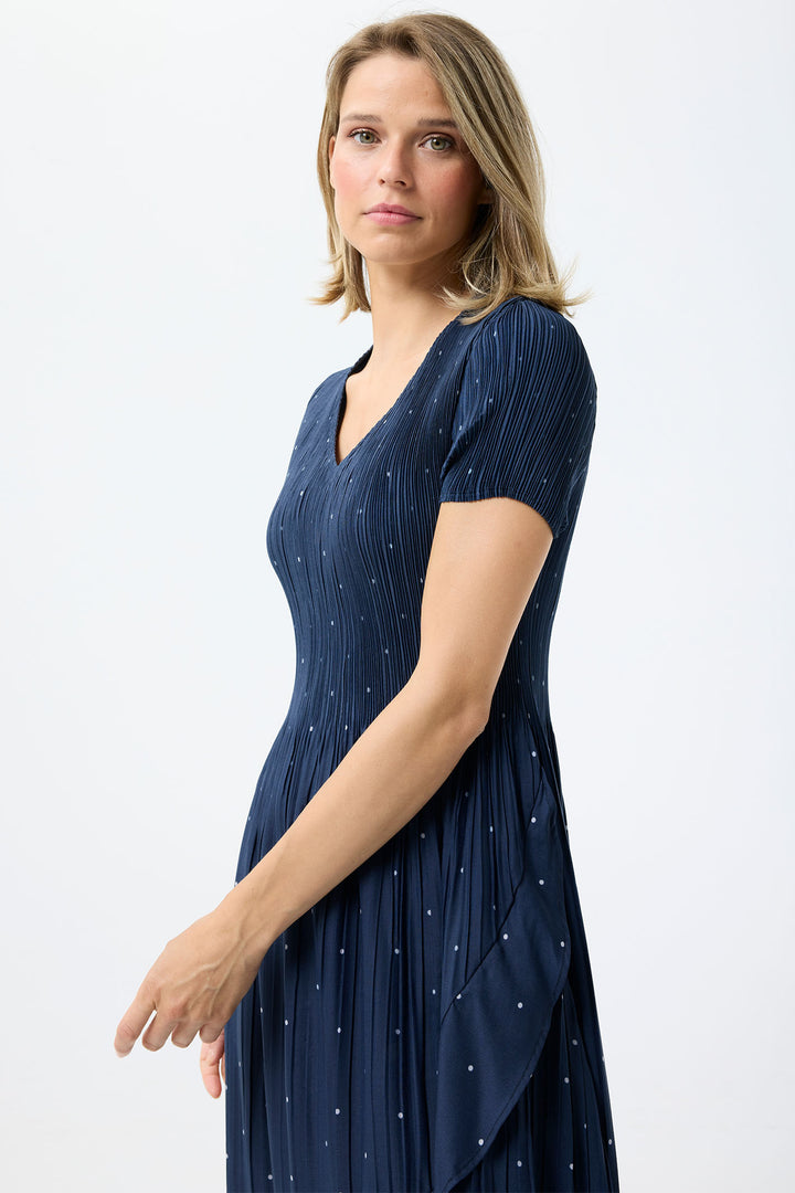 Leo & Ugo Dress Navy White Polka Dot Stretch Pleat KER856 - Shirley Allum Boutique