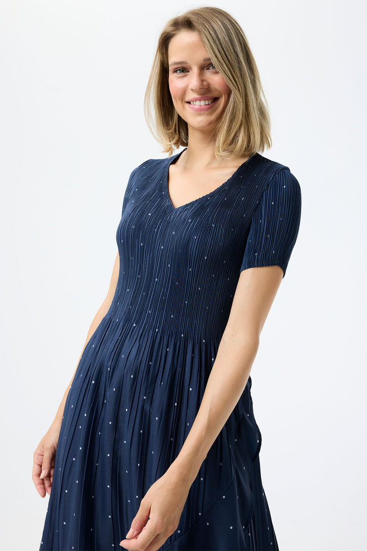 Leo & Ugo Dress Navy White Polka Dot Stretch Pleat KER856 - Shirley Allum Boutique