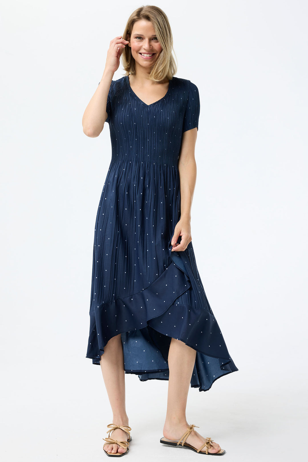 Leo & Ugo Dress Navy White Polka Dot Stretch Pleat KER856 - Shirley Allum Boutique