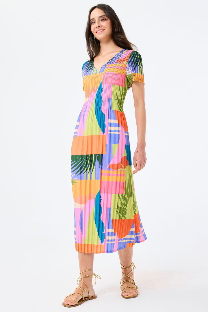 Leo & Ugo Dress Tropical Block Print Stretch Pleat YER631 - Shirley Allum Boutique