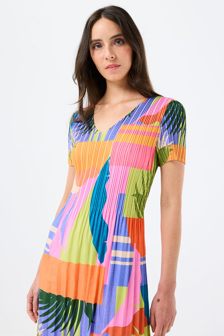 Leo & Ugo Dress Tropical Block Print Stretch Pleat YER631 - Shirley Allum Boutique