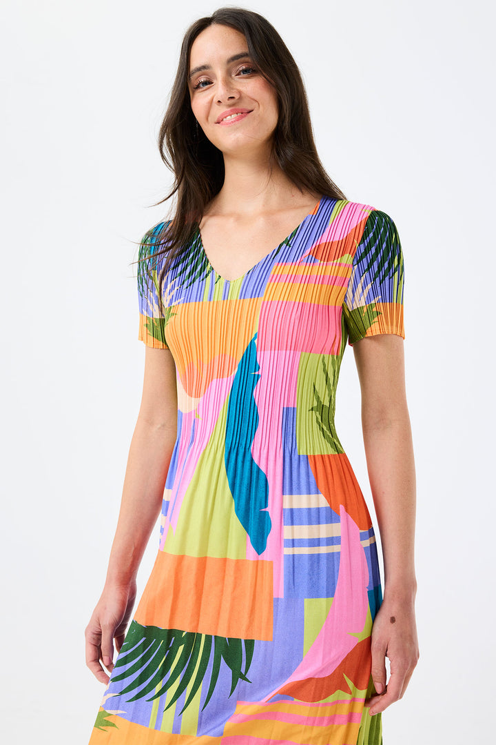 Leo & Ugo Dress Tropical Block Print Stretch Pleat YER631 - Shirley Allum Boutique